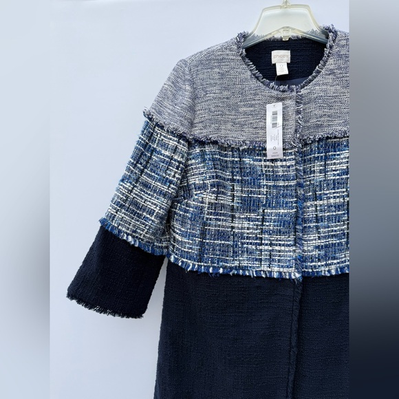 CHICO'S Tweed Longline Frayed Jacket Navy Blue Colorblock Size 0 (US 4/6 Small) - Picture 10 of 16